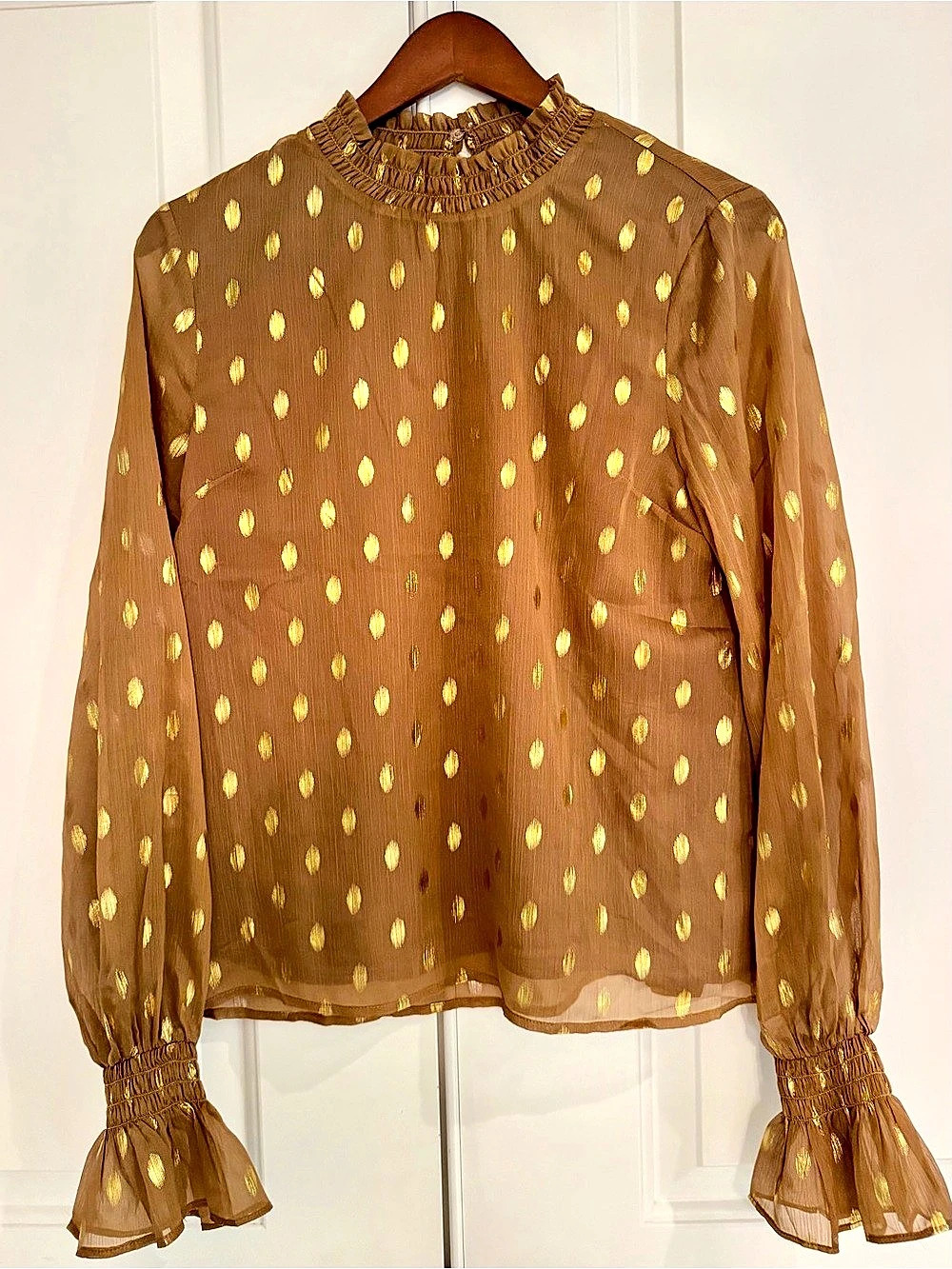Pomander Place Celeste top in Brown with Gold polka dots, Size XS, Like New